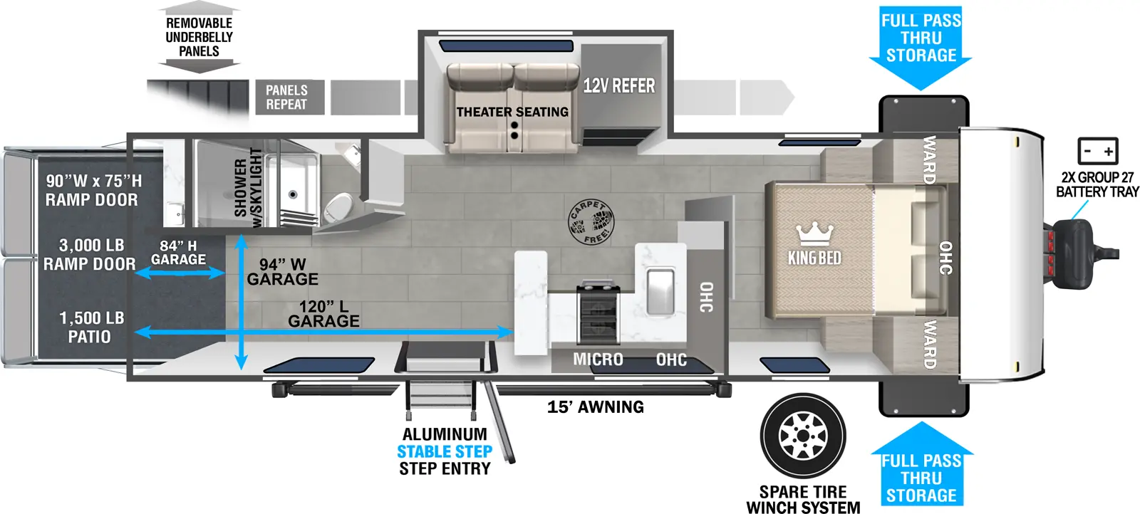 The Wildwood FSX 262VC floorplan is a toy hauler that has one entry and one slide out. Exterior features include: fiberglass exterior and 15' awning. Interiors features include: front bedroom.